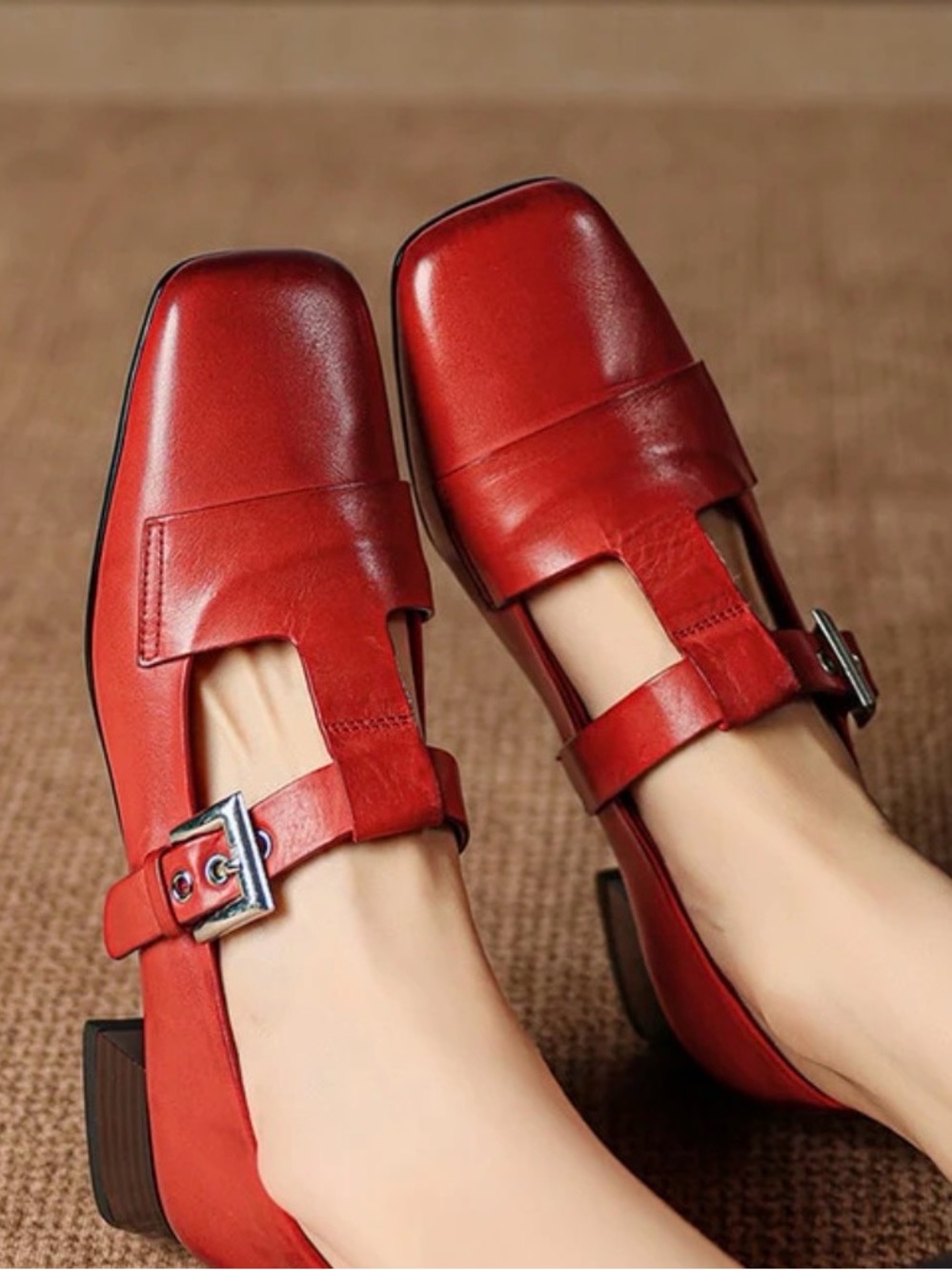 Hand Stitched Leather Women’s Red Mary Jane Buckle Low Heel Shoes - Picture 4 of 7